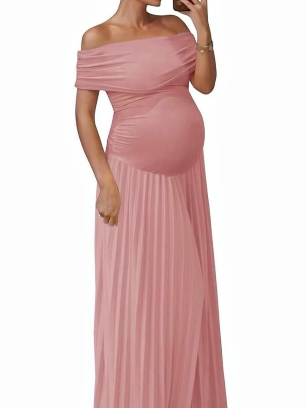 Pink Pleated Ruffle Off Shoulder Maxi Dress